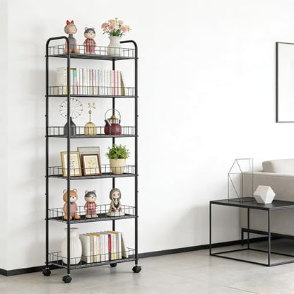 10in 6-Tier Slim Storage Cart with Wheels, Metal 10in Wide Black Narrow Rolling Shelf, Sturdy Slim Storage with Hooks Ideal for Kitchen, Bathroom, and Laundry Room - size: 10in 6-Tier Cart