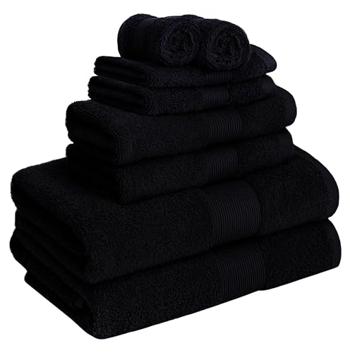 COTTON CRAFT 8 Piece Towel Set - 100% Cotton Plush 500 GSM Bathroom Towels | Soft Super Absorbent Quick Dry Towels with a Luxurious Border Trim - 2 Bath, 2 Hand, 4 Washcloth - Black - color: Black, size: 8 Piece Towel Set