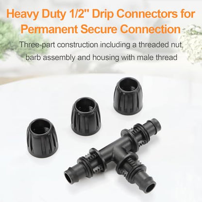 12 Pieces 1/2 Inch Drip Irrigation Tee Fittings, 1/2'' Drip Line Barbed Locked Tee Connectors for 1/2 Inch Irrigation Tubing (1/2" ID x 0.650" OD) Anti-leak 3-Way Irrigation System Parts - size: 1/2" Nut Tee 12 Pcs