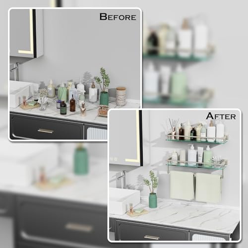 24-Inch Modern Wall-Mounted Bathroom Glass Shelf with 1 Shelf, Brushed Nickel, 1 Towel Bar, 45 lbs Weight Capacity - color: Brushed Nickel, size: 24-inch with Railing