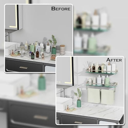 24-Inch Modern Wall-Mounted Bathroom Glass Shelf with 1 Shelf, Brushed Nickel, 1 Towel Bar, 45 lbs Weight Capacity - color: Brushed Nickel, size: 24-inch with Railing
