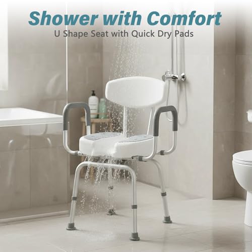 Shower Chair for Elderly and Disabled Adults, U-Shape Seat | 400lb Weight Capacity, Heavy Duty, Padded Armrests and Back, Height Adjustable