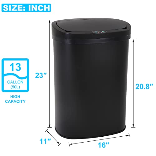 Kitchen Trash Can | Stainless Steel 13 Gallon Trash Can | 50L Touch Free Garbage Can with Lid | Electronic Motion Sensor Automatic Trash Bin High Capacity for Kitchen Bathroom Office, Black - color: Black