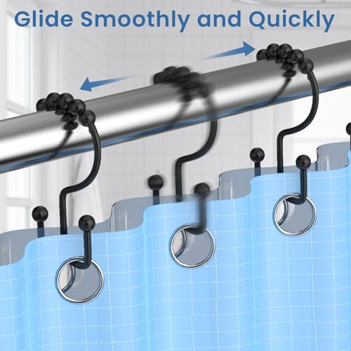 Black Shower Curtain Hooks Double Sided with Roller Balls | for Bathroom Rods, for Shower Curtain and Liner, Smooth Gliding, Rustproof Metal, Set of 12 Hooks - color: Black