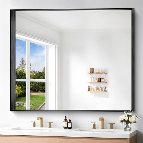 Black Bathroom Mirror, 40x48 Inch Rectangular Framed Mirror, Large Wall Mounted Bathroom Vanity Mirror Over Sink for Bedroom,Restroom, Living Room, Hangs Vertically or Horizontally - color: Black, size: 40"L x 48"W