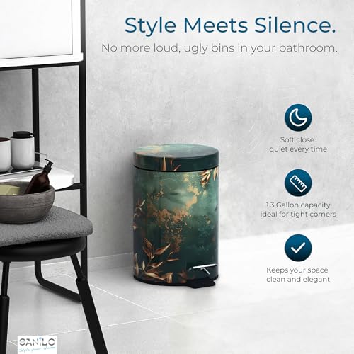 Sanilo Small Bathroom Trash Can with Lid [1.3 Gallon] - Lidded Tiny Trashcan for Garbage - Mini Metal Bin with Soft Closing Mechanism - Bath Room Accessoire Wastebin with Inner Bucket (Greego) - color: Greego