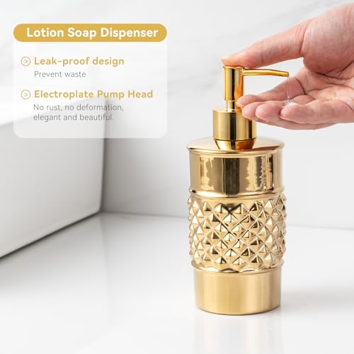 3-Piece Gold Ceramic Bathroom Accessories Set - Luxurious Soap Dispenser, Toothbrush Holder & Soap Dish with Modern Geo Embossed Design for Bathroom Accessory Set - color: Gold 022