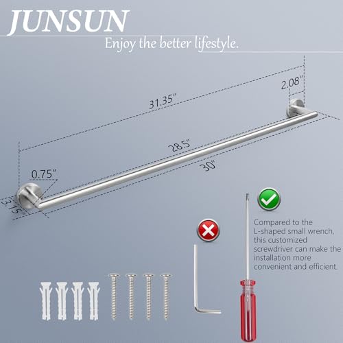 JunSun Towel Bar 30 Inch Bathroom Towel Rack Heavy Duty Bath Towel Holder Modern Towel Rod Brushed Silver Towel Hanger Bathroom Accessories Silver Towel Rail Stainless Steel Single Bar Brushed Nickel - color: Brushed Nickel, size: 30 Inch