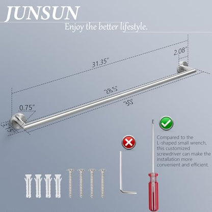 JunSun Towel Bar 30 Inch Bathroom Towel Rack Heavy Duty Bath Towel Holder Modern Towel Rod Brushed Silver Towel Hanger Bathroom Accessories Silver Towel Rail Stainless Steel Single Bar Brushed Nickel - color: Brushed Nickel, size: 30 Inch