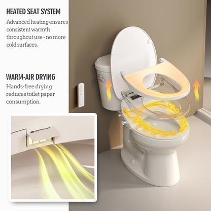 WLJBIDET Toilet Seat Bidet with Warm Water and Drying, O80KL - Elongated | Remote Control, Multiple Cleaning Modes, Adjustable Temperature, Soft Close Lid, LED Display, Nightlight