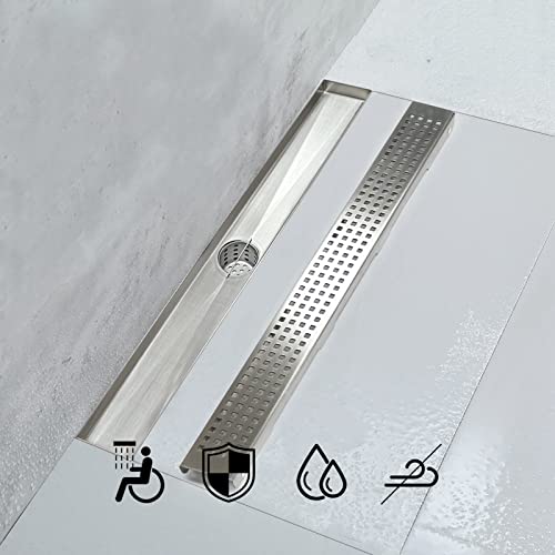 24 inch Linear Shower Drain Brushed Silver with Grate Removable | Square Hole Panel,AISI 304 Stainless Steel Fast Drainage Rectangle Hidden Shower Trench,Detachable Hair Catcher,Leveling Feet - color: Stainless Steel, size: 24 inch+No Base