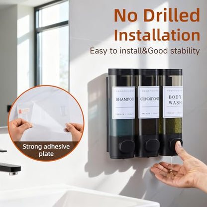 Shampoo and Conditioner Dispenser,Shower Soap Dispenser 3 Chamber No Drill Wall-Mounted for Bathroom & Hotel Leak-Proof Pumps, for Thick Liquids Like Conditioner - 1050ML High Capacity, Black - color: Matte Black