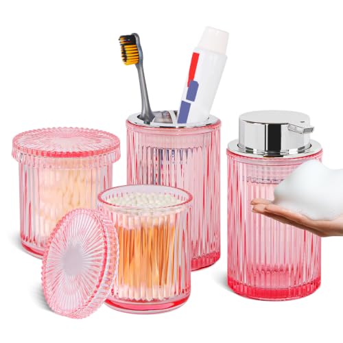 4pcs Glass Bathroom Accessories Set, Foaming Soap Dispenser, Toothbrush Holder and Cotton Swab Jar for Bathroom Counter Organizer Essentials, Vintage Ribbed Bathroom Decor, Pink - color: Pink and Silver