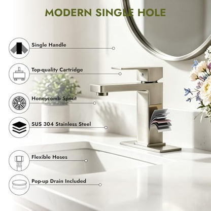 Heyalan Bathroom Sink Faucet, Single Handle Vanity Faucet, Brushed Nickel | SUS304 stainless steel, hot and cold supply hoses, 1- or 3-hole installation, 6-inch deck plate and pop-up drain - color: Brushed Nickel
