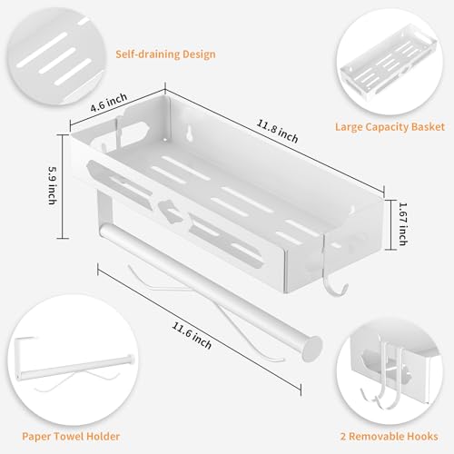 White Paper Towel Holder Wall Mount with Shelf - Adhesive Hand Towel Rack | Sturdy Metal Mounted Paper Towel Rack with 2 Hooks, Space-Saving for Bathroom, Kitchen, RV Camper - color: White