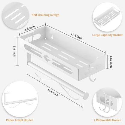 White Paper Towel Holder Wall Mount with Shelf - Adhesive Hand Towel Rack | Sturdy Metal Mounted Paper Towel Rack with 2 Hooks, Space-Saving for Bathroom, Kitchen, RV Camper - color: White