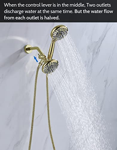 G-Promise Solid Metal Shower Head Diverter with Holder 3-Way | Spray Separately or Both, Adjustable-Angle Bracket, Anti-Leak, Smooth Knob Switch, Easy Install, Universal Replacement Part - color: Polished Gold