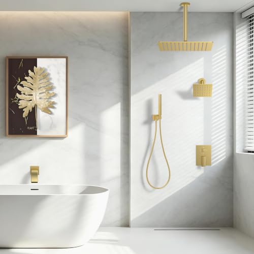 Brushed Gold Rainfall Shower System – Complete Spa Faucet Set with Handheld Sprayer & Mixer Valve –Tub Spout Bathroom Fixture Trim Kit - color: Brushed Gold, size: 6''+12''+Bathtub Faucet