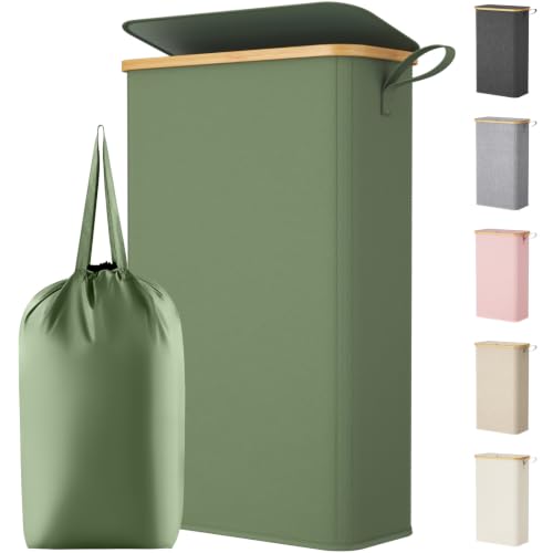Lifewit 75L Slim Laundry Hamper with Lid, Narrow Laundry Basket with Removable Bag & Bamboo Handles, Fodable Thin Dirty Clothes Hamper for Laundry Collapsible Bin for Bathroom Bedroom Dorm, Green - color: Green, size: 75L
