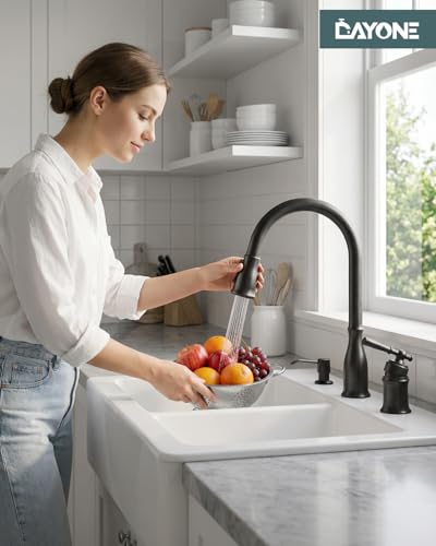 DAYONE Matte Black 3 Holes Kitchen Sink Faucets with Separate Handle, 2 Holes Pull Down Sink Faucet for Kitchen Sink with Soap Dispenser, Single Handle High Arc, DAY-279MB - color: Matte Black, style: Separate handle