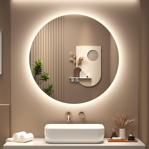 SMIROR 24 inch Round Led Backlit Lighted Bathroom Mirror for Wall | Circle Vanity Mirror with Lights, Anti-Fog, 3 Colors, Dimmable, Memory, Tempered Glass, Wall- Mounted - size: 24"L x 24"W