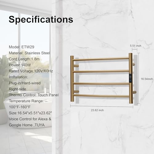 Electric Towel Rack with Voice Control for Alexa & Google Home,TUYA - Wall-Mounted Bathroom Heating Towel Warmer,Plug-in,Stainless Steel Material,16.54x23.62x5.51 in,Gold，4 Bars - color: Gold With Wifi, size: 4 Bar