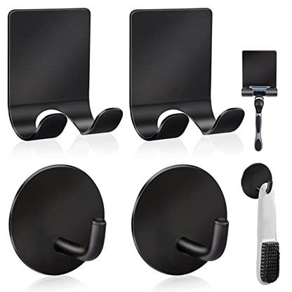 Razor Holder 304 Stainless Steel for Shower + Adhesive Sticky Heavy Duty Waterproof Wall Hooks, Premium for Hanging Towels, Coat, hat (2+2 Pack) - Black - color: Black-4pcs