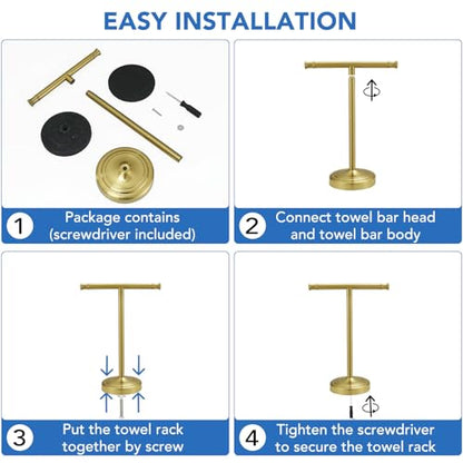RUMOSE Brushed Gold Hand Towel Holder Stand Countertop Towel Rack | 13 Inch Bathroom Kitchen Vanity T-Shape Towel Stand Free Standing Stainless Steel Towel Bar Towel Ring - color: Brushed Gold
