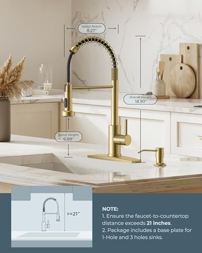 FORIOUS Gold Kitchen Sink Faucet, Pull Down Sprayer, Classic High Arc | Lead-Free Stainless Steel, Single Handle Commercial Spring Kitchen Faucets for Laundry Utility Room, Outdoor Farmhouse Camper - color: Gold