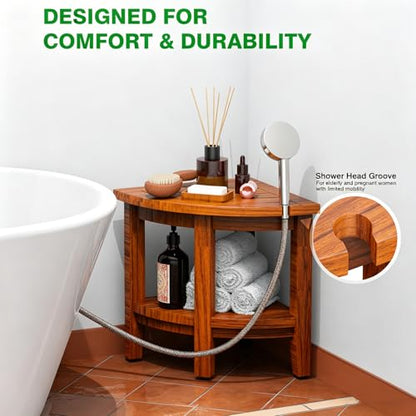 Teak 18" Corner Shower Bench Stool for Inside Shower | Waterproof Bath Chair, with Storage Shelf, Assembly Required