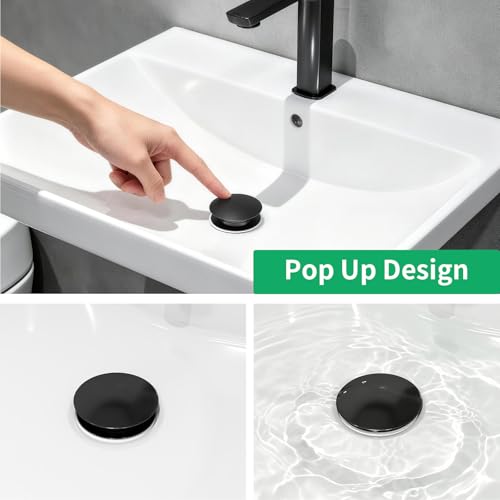 Bathroom Sink Drain Without Overflow, Pop Up Sink Drain, Matte Black | Vessel Sink Drain No Overflow, All Metal Stainless Steel Pop Up Bathroom Sink Stopper, Lavatory Vanity Sink Drain Assembly