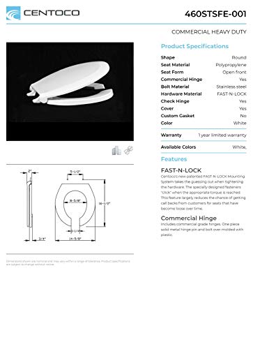 Centoco Round Toilet Seat, Lock In Place, Commercial, USA, White | Fast-N-Lock Mounting, Open Front With Cover, Plastic, 460STSFE-001, Made in the USA - size: Round, style: Fast-N-Lock Mount