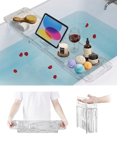 Bathtub Caddy Tray,Adjustable Bathtub Tray Table, Bath Organizer for Relaxing Spa-Features 2 Cup Holders, A Phone Stand with 5 Angle Adjustments,Non-Slip Silicone Pads,Won't Get Moldy,Easy to Clean.
