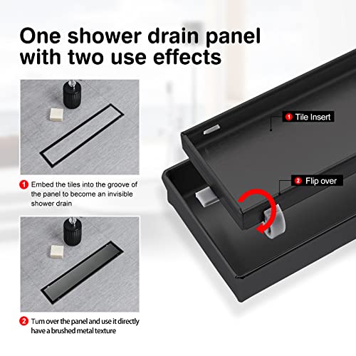 SaniteModar Linear Shower Drain 12 inch Matte Black with Tile Insert Panel | AISI 304 Stainless Steel Black Linear Dain Rectangle Shower Floor Drain with Hair Strainer and Leveling Feet - color: Black Tile Insert Grate, size: 12 Inch