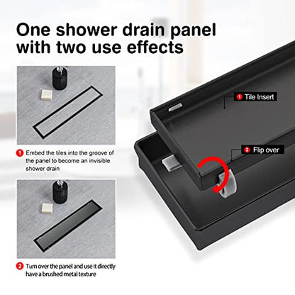 SaniteModar Linear Shower Drain 12 inch Matte Black with Tile Insert Panel | AISI 304 Stainless Steel Black Linear Dain Rectangle Shower Floor Drain with Hair Strainer and Leveling Feet - color: Black Tile Insert Grate, size: 12 Inch