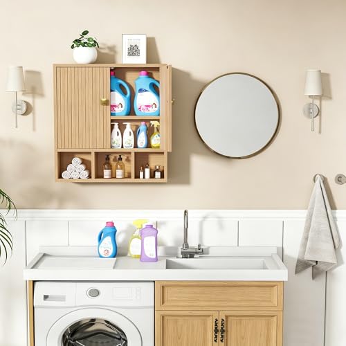 Bathroom Wall Cabinet,Wooden Medicine Cabinet with Fluted Doors Over The Toilet Storage Cabinet with Adjustable Shelf for Bathroom (Wood) - color: Wood Block