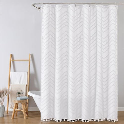 Extra Long White Boho Shower Curtain, Chic Tufted Chevron Striped Textured Cloth Fabric Shower Curtains with Tassel for Bathroom, Soft Hotel Style Farmhouse, Machine Washable, 72x96 - color: White, size: 72"W x 96"L (Pack of 1)