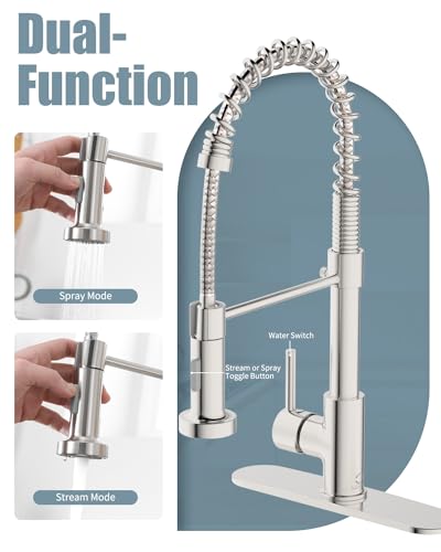 Kitchen Faucet Set, Commercial Kitchen Sink Faucets with Pull Down Sprayer and Soap Dispenser, Stainless Steel Faucets for Kitchen Sinks, Single Handle Spring Faucet with Deck Plate - color: B-Brushed Nickel, style: Contemporary