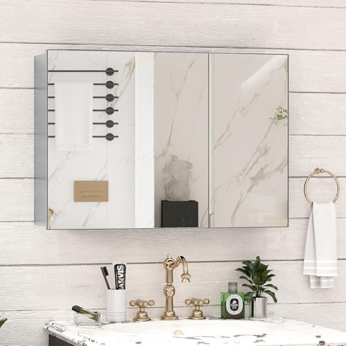 36 x 24 Farmhouse Medicine Cabinet, Tempered Frameless Bathroom Mirror with Storage, Silver Recessed or Surface Mount Aluminum Medicine Cabinet for Bathroom Modern - color: Sliver, size: 36 x 24 IN