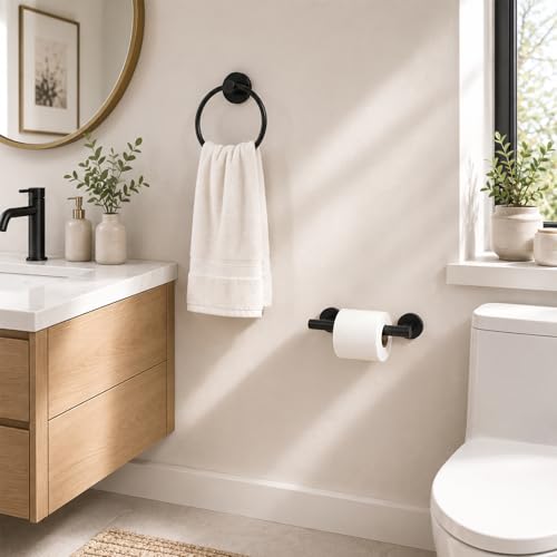 Toilet Paper Holder and Hand Towel Ring Bathroom Set | Matte Black,Stainless Steel,Wall Mount,Bathroom Accessories,Hand Towel Ring and Toilet Paper Holder Set,Easy to install - color: Matte Black