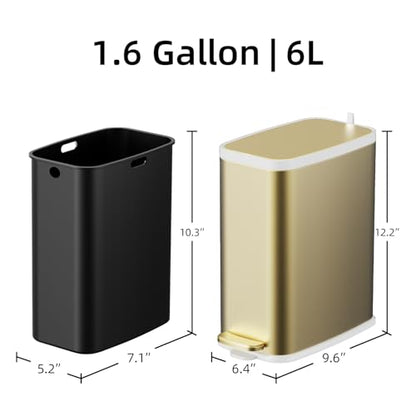 KdbK Champagne Gold Bathroom Trash Can with Lid Soft Close,1.6 Gallon Slim Garbage can,Small Metal Step Wastebasket for Office, Bedroom, Toilet, Live Room - color: Champagne Gold