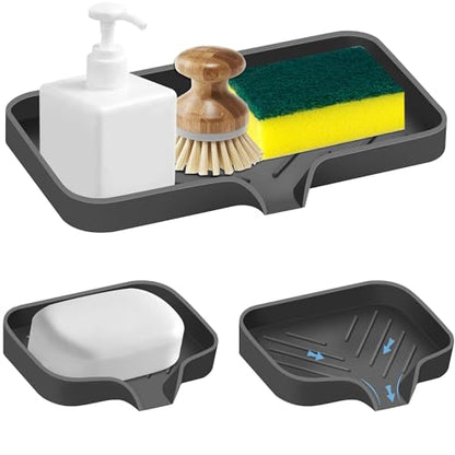 Kitchen Sink Tray,3 Pcs Silicone Sponge Holder for Kitchen Sink Organizer, Kitchen Soap Tray Self Draining Soap Dish for Bathroom - color: Black-3 Pcs