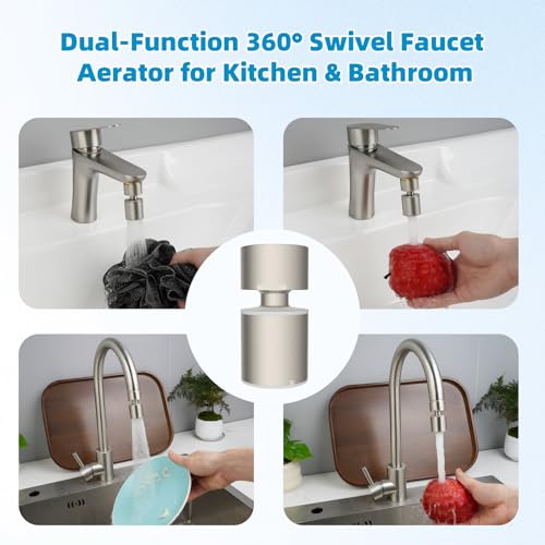 Hibbent cUPC Certified 2-function 360° Swivel Sink Aerator, Brushed Nickel | NSF/ANSI/CAN 61 Certified High Flow Faucet Extender with Metal Adapter for Kitchen & Bathroom, 55/64” Female Thread - color: Brushed Nickel