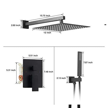 12" Rain Shower System Matte Black Bathroom Luxury Mixer Shower Combo Set | Wall Mounted Rainfall Shower Head Shower Faucet with Handheld Sprayer Rough-in Valve Body and Trim Included by Homevacious