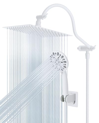 Hibbent All Metal High Pressure Rainfall 10'' Shower Head, Handheld Showerhead Combo, 12'' Adjustable Shower Extension Arm, 7-Spray, 71'' Hose, Adhesive Showerhead Holder, White - color: White, style: Square 10''
