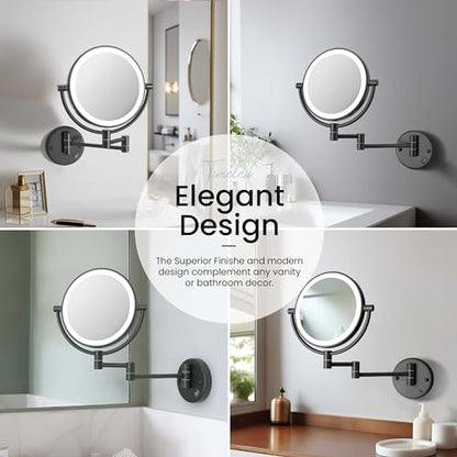 KIBI Circular Wall Mount Makeup Mirror with LED Lights, Dual-Sided 1x/5x Magnifying Mirror with Adjustable Arm, 360° Swivel, Solid Brass Construction for Durability and Style (Matte Black, KMM101) - color: Matte Black