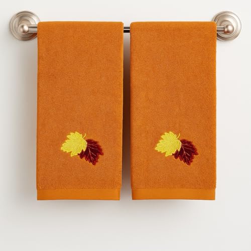 Fall Bathroom Leaf Fingertip Towels: Embroidered Gold Burgundy Leaves on Rust Orange, 2 Piece Bath Set, 12 x 18 Inches Each - color: Rust