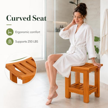Simple Deluxe Teak Shower Bench, 14" Wood Shower Bench with Shelf, Waterproof Shower Stool for Inside Shower, Bath Chair for Bathroom, Tubs & Outdoor Use, 250LBS - size: 14"