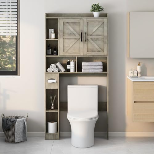 Vabches Over The Toilet Storage Cabinet with 2 Barn Doors, Grey | Farmhouse Storage Cabinet with Toilet Paper Holder Stand，Home Space-Saving Toilet Rack, for Bathroom, Restroom, Laundry - color: Grey, style: 2 Barn Doors