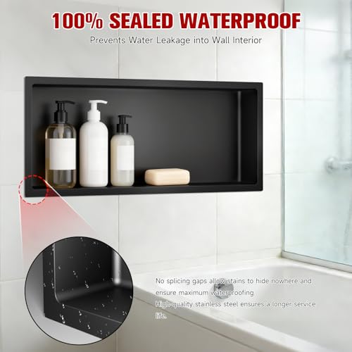 VELPAX No Tile Needed Shower Niche 30"X 12", Bathroom Wall Niche Single Shelf, Stainless Steel Shower Niche for Bathroom, Kitchens, Balconies - color: Black, size: 30"X 12" Single Shelf